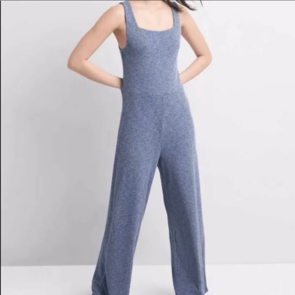 Ribbed Softspun Square Neck Jumpsuit Blue Grey XS X-Small